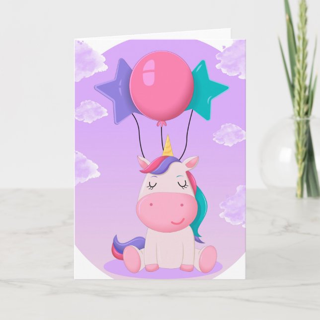 Cute Sitting Unicorn and Balloons Lilac Card (Front)