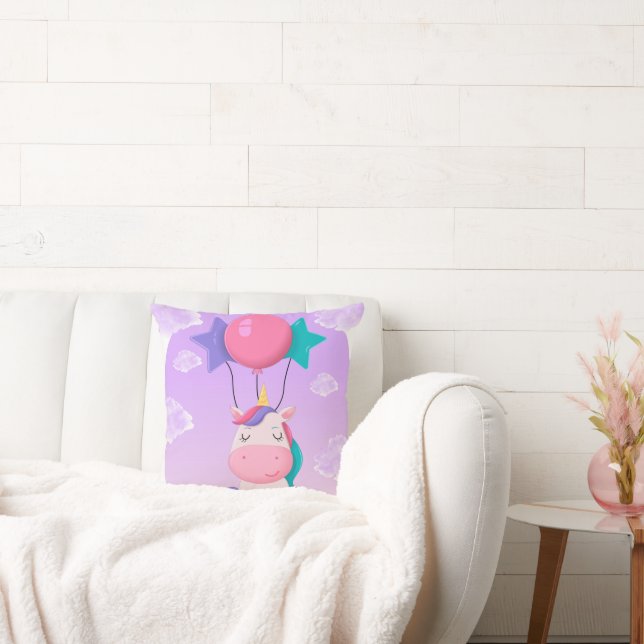 Cute Sitting Unicorn and Balloons Lilac Cushion (Couch)