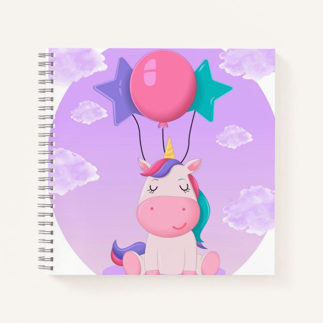 Cute Sitting Unicorn and Balloons Lilac Notebook (Front)