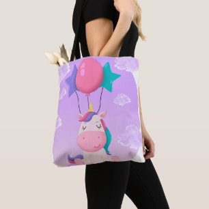 Cute Sitting Unicorn and Balloons Lilac Tote Bag
