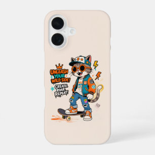 Cute Skateboard Cat Graffiti Streetwear Cartoon iP iPhone 16 Case