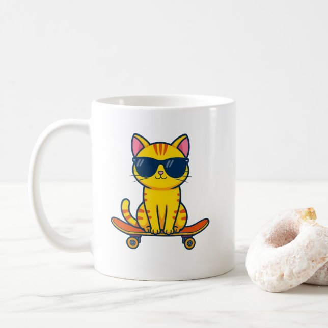 Cute Skateboard Cat Mug – Funny Cool Kitty Coffee  (With Donut)