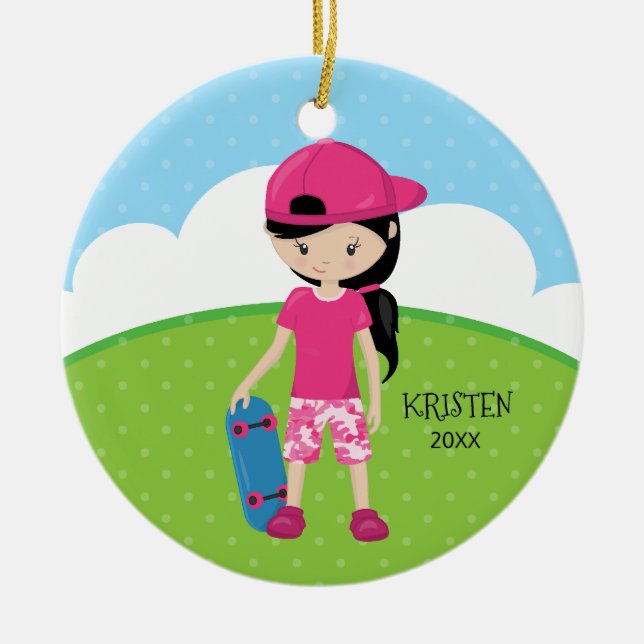 Cute Skateboard Girl Personalised Christmas Ceramic Tree Decoration (Front)
