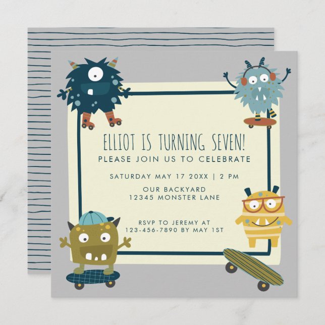 Cute Skateboard Monsters Birthday Boy 7th Party Invitation (Front/Back)