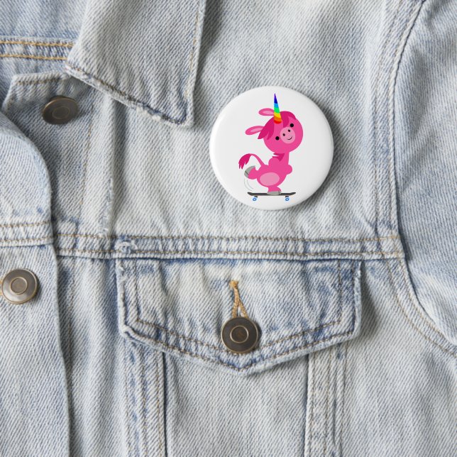 Cute Skateboarding Cartoon Unicorn 6 Cm Round Badge (In Situ)
