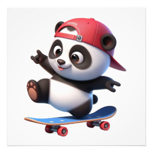 Cute Skateboarding Panda Illustration Photo Print