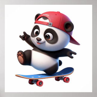 Cute Skateboarding Panda Illustration  Poster