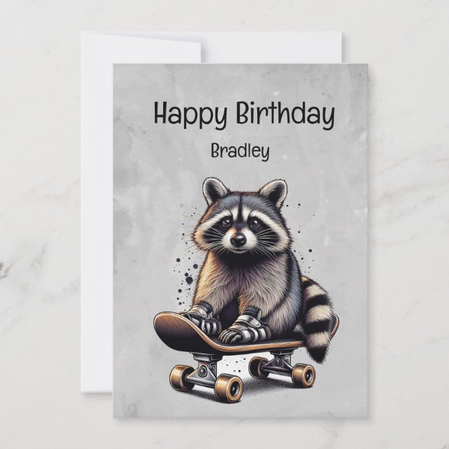 Cute Skateboarding Racoon Fun Animal Birthday Card (Front)