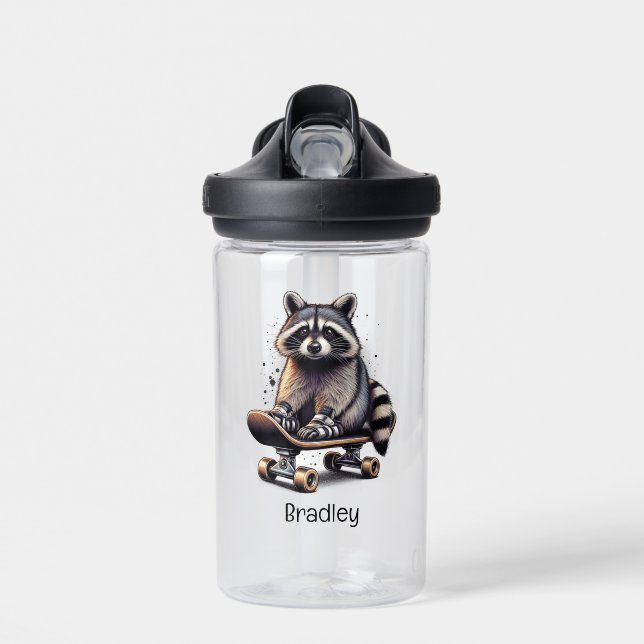 Cute Skateboarding Racoon Fun Animal Nature Art Water Bottle (Front)