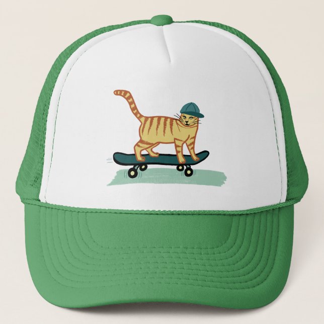 Cute Skateboarding Tabby Cat Trucker Hat (Front)