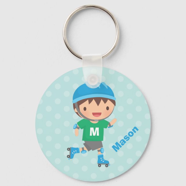 Cute Skater Boy Roller Skating Key Ring (Front)