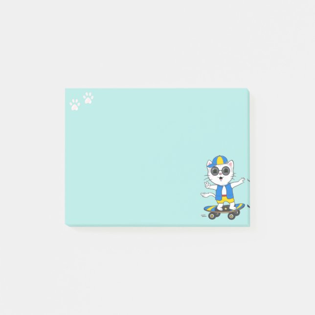 Cute Skater Cat on Light Teal Blue Post-it Notes (Front)