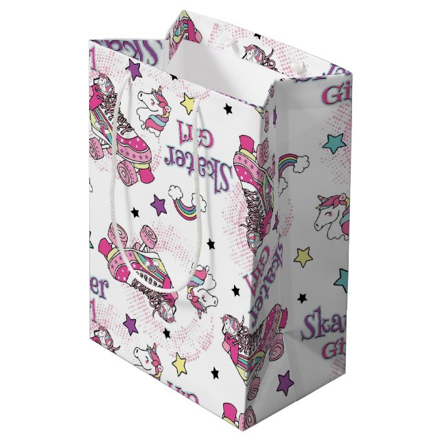 Cute Skater Girl Unicorn Roller Skate Pattern Medium Gift Bag (Back Angled)