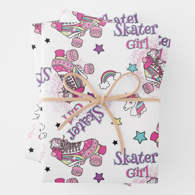 Cute Skater Girl Unicorn Roller Skate Pattern Wrapping Paper Sheet (In situ)