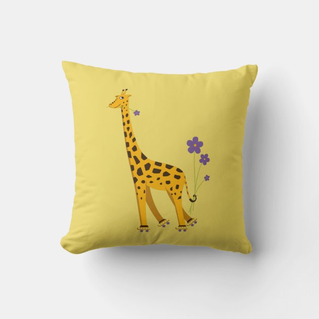 Cute Skating Giraffe With Flowers Yellow Kids Cushion (Front)