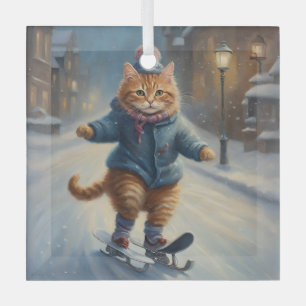 Cute Skating Meowy Christmas Cat Lover Glass Tree Decoration