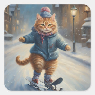 Cute Skating Meowy Christmas Cat Lover  Square Sticker