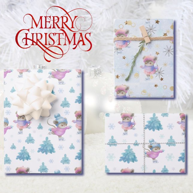 Cute Skating Mice Girl's Christmas Pastel Kuwaii Wrapping Paper Sheet (Creator Uploaded)