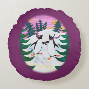 Cute Skating Penguins Snow-scene Fun Round Pillow