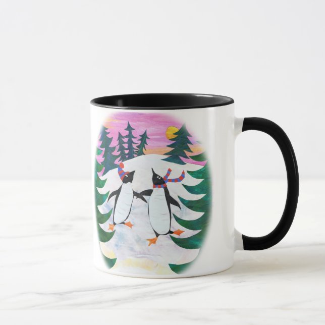 Cute Skating Penguins Snowscene Fun Ringer Mug (Right)