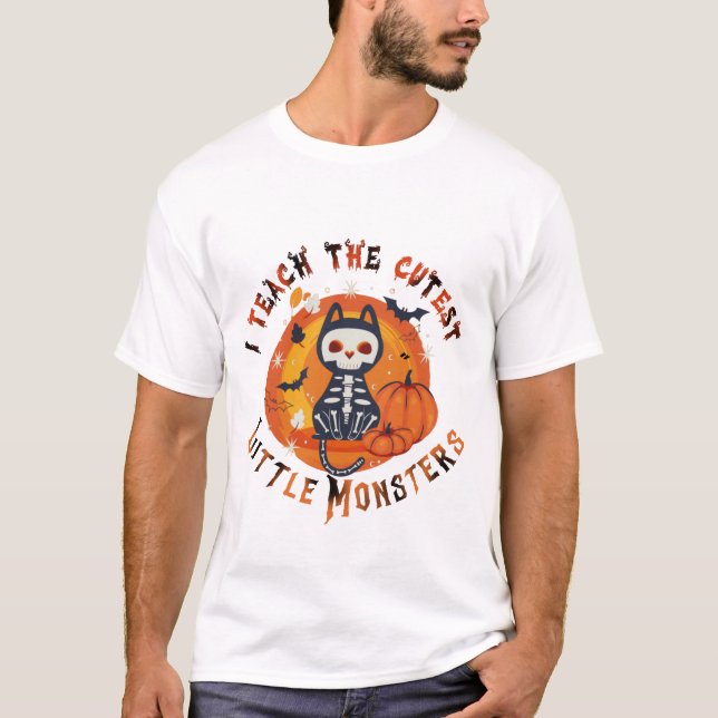 Cute Skeletal Cat Teacher Halloween Tee (Front)