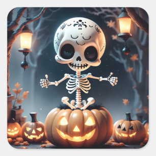 Cute Skeleton and Pumpkins Square Sticker