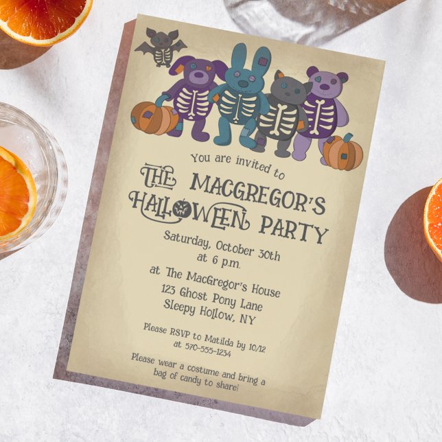Cute Skeleton Animals and Pumpkins Halloween Party Invitation (Creator Uploaded)