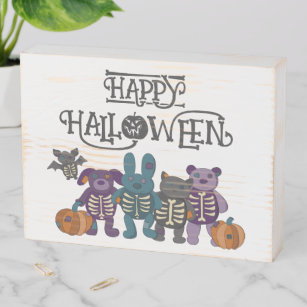 Cute Skeleton Animals and Pumpkins Halloween Wooden Box Sign
