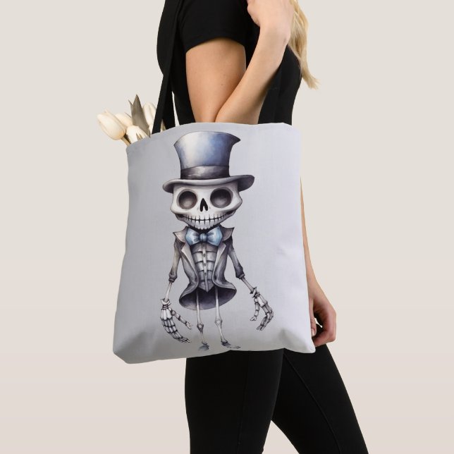 Cute Skeleton Bow Tie Top Hat Silver Halloween Tote Bag (Close Up)