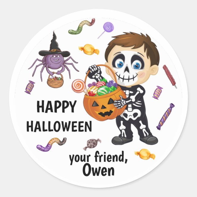 Cute Skeleton Boy Witchy Spider Halloween stickers (Front)