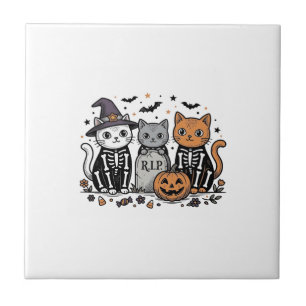 Cute Skeleton Cats Halloween Vintage Engraving Shi Ceramic Tile