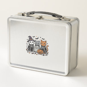 Cute Skeleton Cats Halloween Vintage Engraving Shi Metal Lunch Box