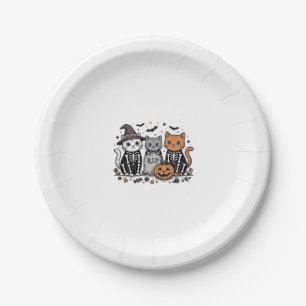 Cute Skeleton Cats Halloween Vintage Engraving Shi Paper Plate