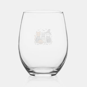 Cute Skeleton Cats Halloween Vintage Engraving Shi Stemless Wine Glass