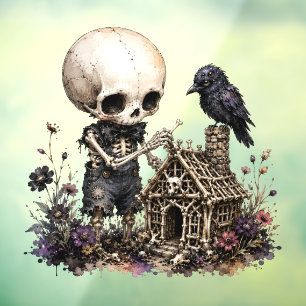 Cute Skeleton Child with Bone House & Raven