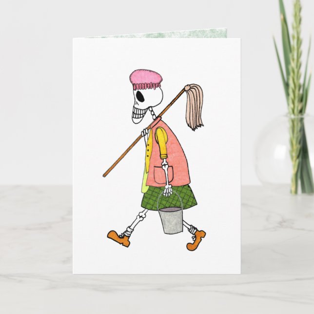 Cute Skeleton Cleaning Woman Mop & Pail  Card (Front)
