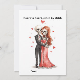Cute Skeleton Couple Stitched Heart Valentine Card