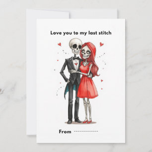 Cute Skeleton Couple Stitched Heart Valentine Card