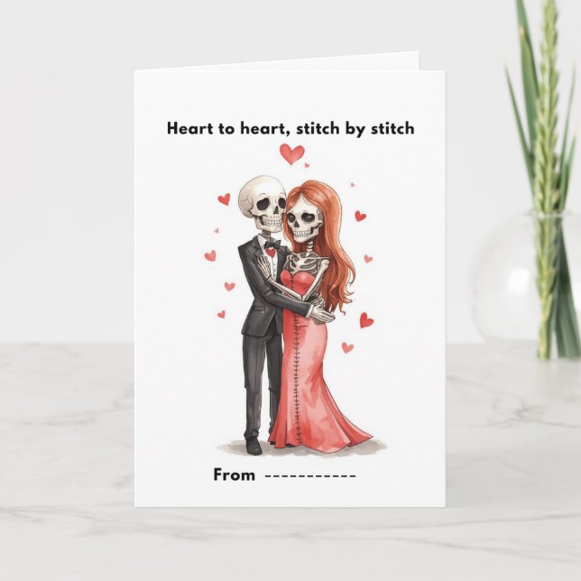 Cute Skeleton Couple Stitched Heart Valentine Card (Front)