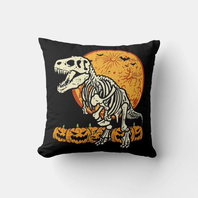 Cute Skeleton Dinosaur Trex Dino Pumpkins Moon Boy Cushion (Front)