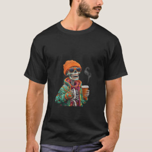 Cute Skeleton Drinking Coffee Halloween Hot Coffee T-Shirt