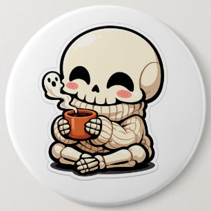 Cute Skeleton Drinking Coffee Sticker – Kawaii Chi 6 Cm Round Badge