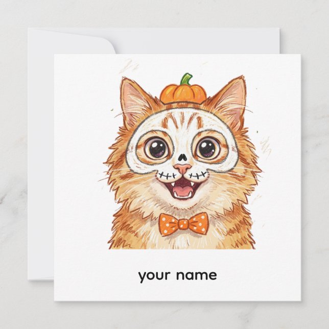 Cute Skeleton Face Paint Ginger Cat Halloween  Invitation (Front)