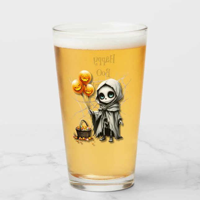 Cute Skeleton Girl with Pumpkin Balloons  Glass (Front Filled)