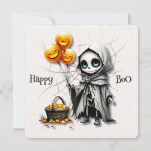 Cute Skeleton Girl with Pumpkin Balloons Holiday Card