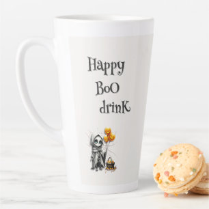 Cute Skeleton Girl with Pumpkin Balloons Latte Mug