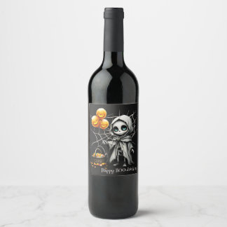 Cute Skeleton Girl with Pumpkin Balloons  Wine Label