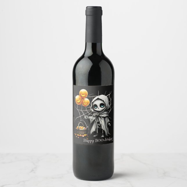 Cute Skeleton Girl with Pumpkin Balloons  Wine Label (Front)
