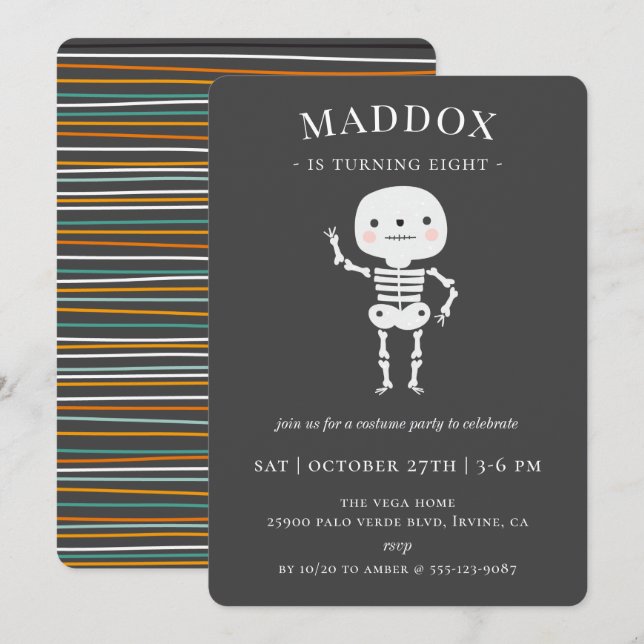 Cute Skeleton Halloween Birthday Party Invitation (Front/Back)