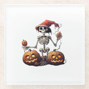Cute Skeleton Halloween Witch Pumpkin  Glass Coaster
